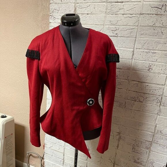 Vintage Mon-Liz Paris Red Beaded 80's Wool Jacket Small - Picture 2 of 10
